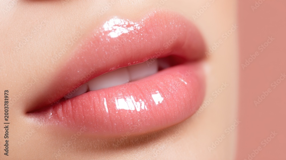Fototapeta premium Close-up of beautifully glossed lips with a soft pink hue against a smooth background