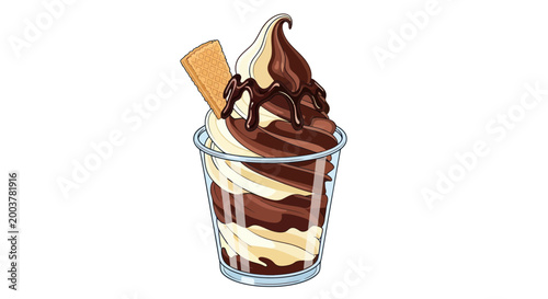 Delicious Two-Flavor Soft Serve Ice Cream with Chocolate Drizzle and Wafer