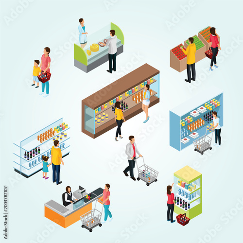 isometric people grocery shop set multiracial person
leisure happy daily  lifestyles commerce business selectingc walking price trade hypermarket  refrigerated section