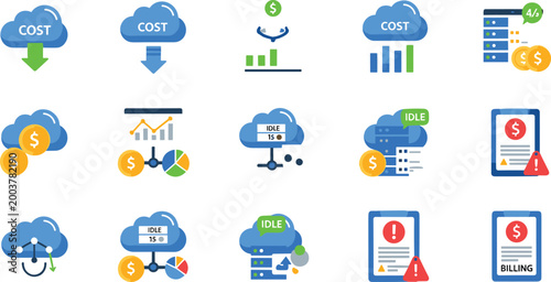Konstfotografi Cloud cost management and billing icons vector set with optimization alerts idle