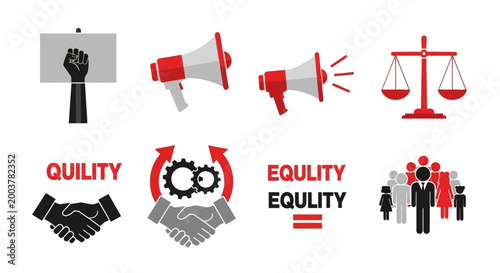 A set of vector graphics celebrating International Workers' Day featuring symbols of equity and equality, including megaphones, scales of justice, and clasped hands, all presented