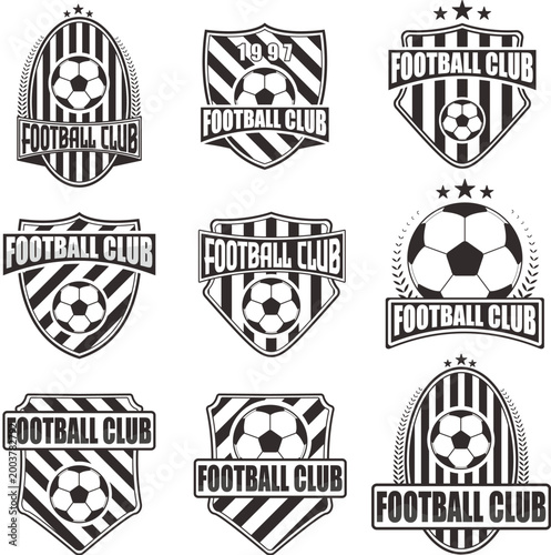 Collection of Football Club Logos: A graphic design set featuring nine distinct crests and emblems for various football clubs.