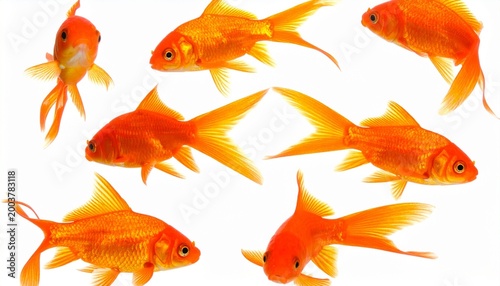 Seven vibrant goldfish swimming gracefully against clean white background