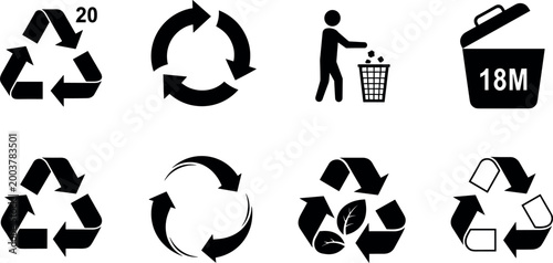 Recycling Icons Set Featuring Recycle Symbols Waste Sorting Trash Bin Disposal and Environmental Sustainability Signs for Eco Friendly Design