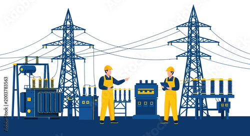 Electrical Engineers at Power Substation Inspecting Equipment and Transmission Lines