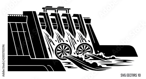 Hydroelectric Power Plant Dam Generating Electricity, Water Flowing Through Turbines