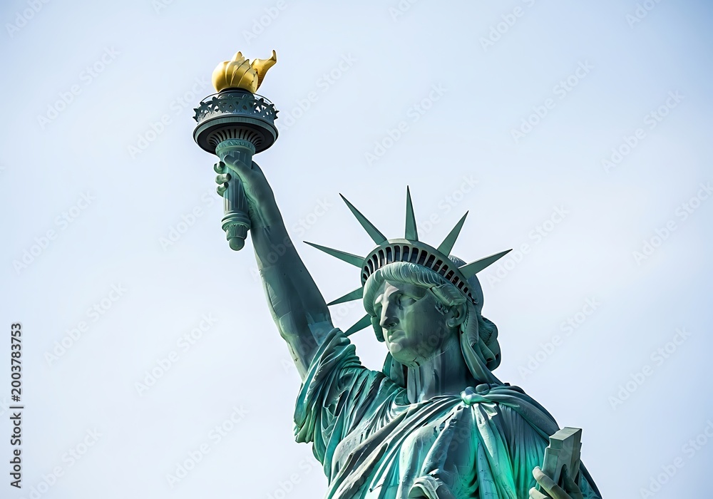 Fototapeta premium The statue of liberty stands tall against the blue sky, torch held high.
