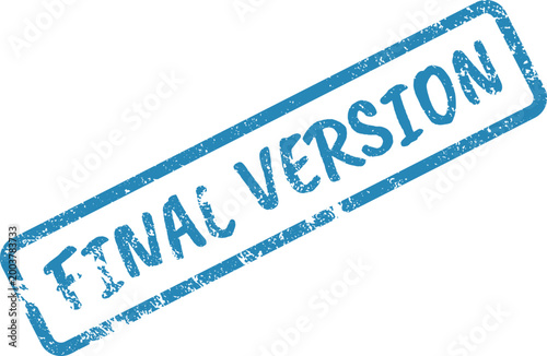 Prominent blue FINAL VERSION text within a textured rectangular border Rubber stamp on white