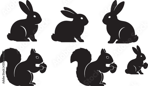 Foto Black Solid Sitting Bunnies and Eating Squirrels Set of Six on White Background