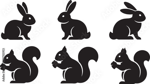 Foto Black Solid Sitting Bunnies and Eating Squirrels Set of Six on White Background