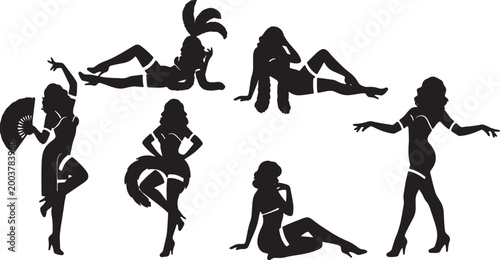 Fotografi Black Solid Burlesque Dance Silhouettes Set of Six on White Background