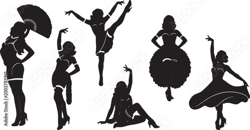 Fotografi Black Solid Burlesque Dance Silhouettes Set of Six on White Background