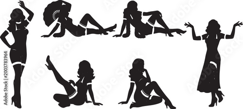 Fotografija Black Solid Burlesque Dance Silhouettes Set of Six on White Background