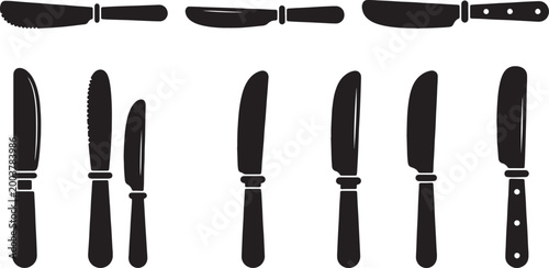Foto Black Solid Butter Knives Spreaders Silhouettes Set of Six on White Background