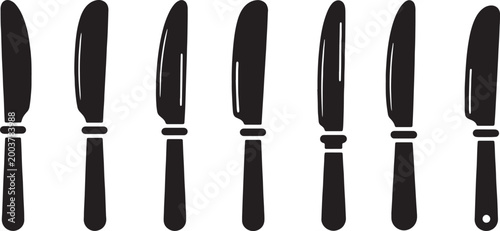 Schilderij op canvas Black Solid Butter Knives Spreaders Silhouettes Set of Six on White Background