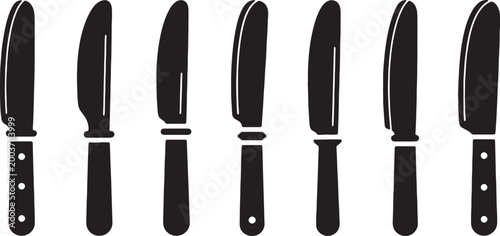 Quadro su tela Black Solid Butter Knives Spreaders Silhouettes Set of Six on White Background
