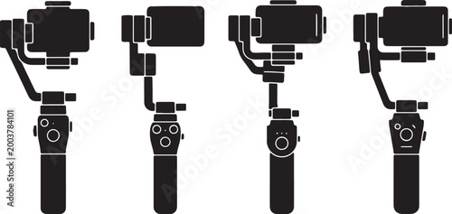Schilderij op canvas Black Solid Camera Gimbal Silhouettes Set of Six on White Background