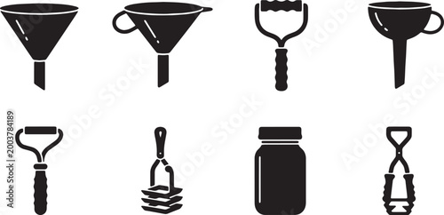 Cuadro en lienzo Black Solid Canning Tools Silhouettes Set of Six on White Background