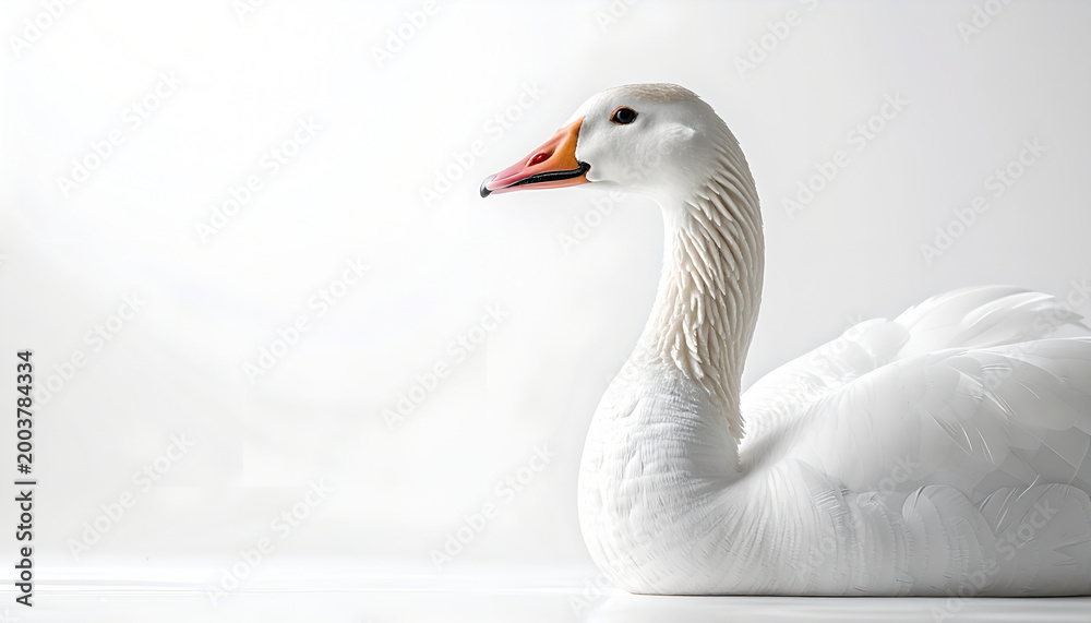 Obraz premium White swan sitting gracefully on a plain white surface