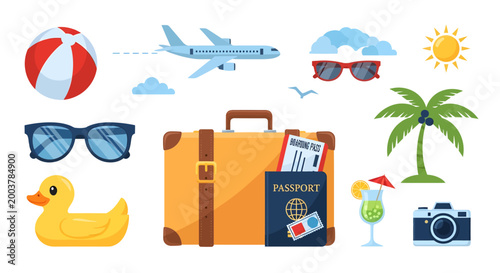 Illustration of vacation travel essentials including a suitcase, passport, camera, sunglasses, and beach ball, symbolizing a relaxing summer holiday