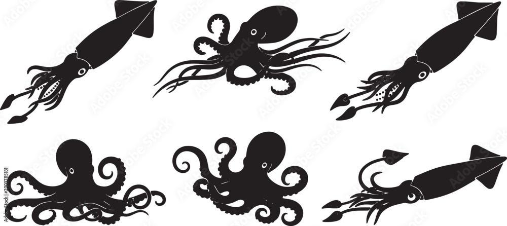 Fototapeta premium Black Solid Cephalopod Action Silhouettes Set of Six on White Background