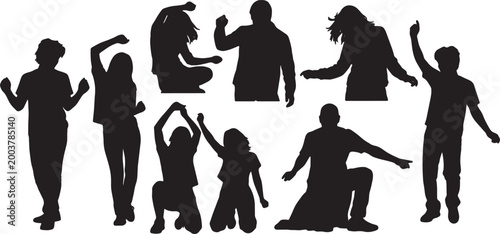 Schilderij op canvas Black Solid Celebratory Group Dance Silhouettes Set of Six on White Background