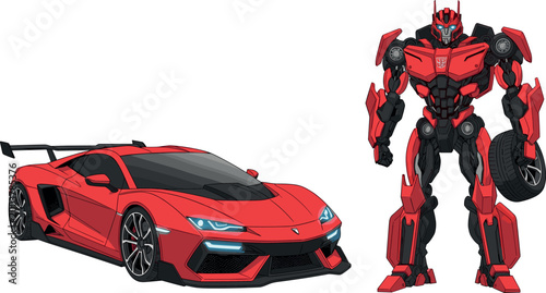 Red sports car transforming robot concept with futuristic autobot style vehicle and humanoid machine illustration for sci fi design