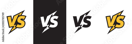 Versus dynamic icons featuring lightning bolt VS symbols illustrating competitive games sports battles match challenges esports events and high energy confrontation vector design elements.