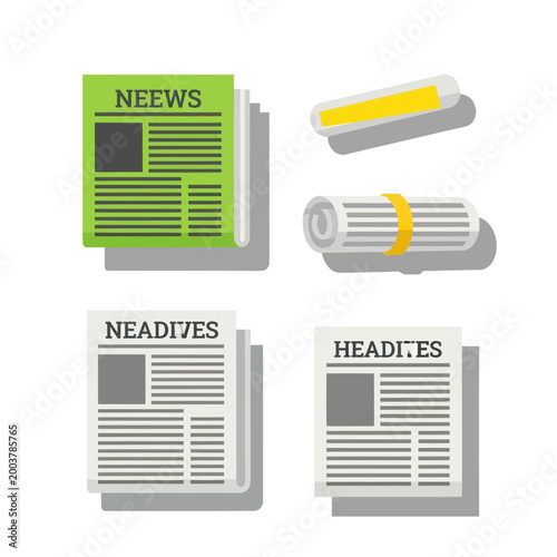 Newspaper Icons: News, Headlines, Rolled Paper, Eraser - Vector Flat Design