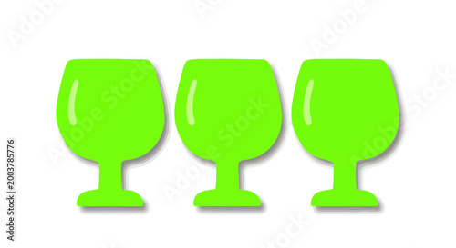 Three vibrant green brandy snifter glasses on white background, minimalist design
