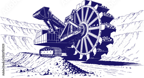 Line Art Hand Drawn Sketch of Massive Bucket Wheel Excavator in Mining Operation – Extreme Heavy Machinery Vector Black Line Art