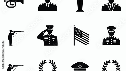 Military and patriotic symbols set with soldiers flags and honor elements in black and white