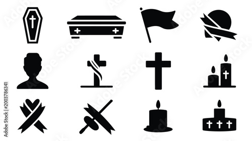 Black silhouette icons depicting mourning and death symbols including coffin flag candle and cross on white background for tribute and memorial concepts
