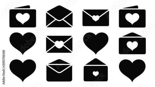 Collection of black silhouette icons featuring hearts and envelopes on white background for valentine's day and love themed designs