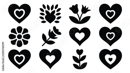 Set of black silhouette icons featuring hearts and flowers on white background for love and valentine's day concepts