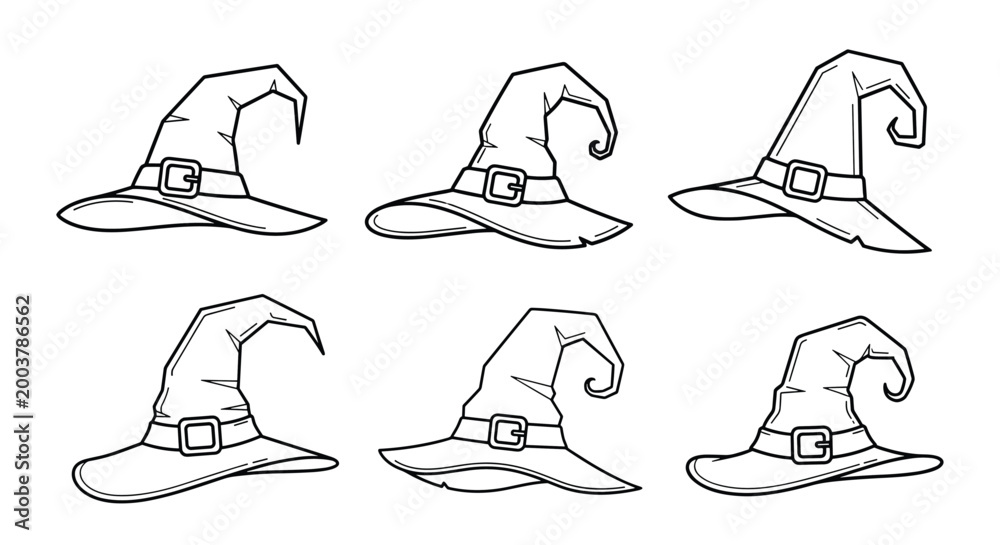 Obraz premium Collection of six different witch hat line drawings shows various shapes, curves, and band styles for halloween themes.