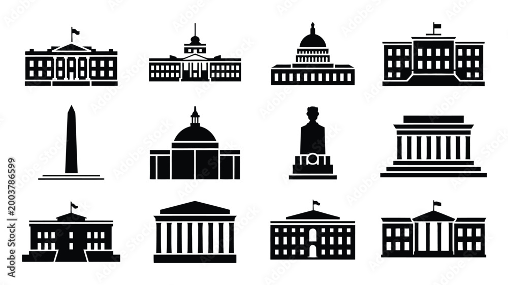 Fototapeta premium Vector illustration of various government buildings and monuments in black silhouette on white background
