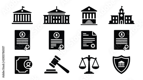Vector illustration of law and justice icons including buildings documents gavel scales and shield on white background