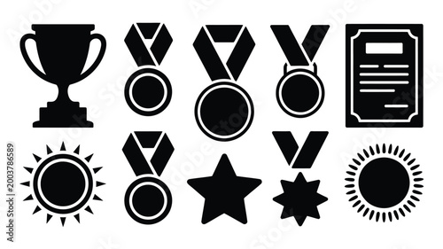 Black silhouette icons of awards and symbols including trophies medals stars and certificates on white background for recognition and achievement concepts