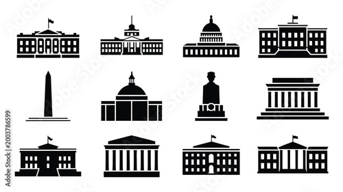 Vector illustration of various government buildings and monuments in black silhouette on white background