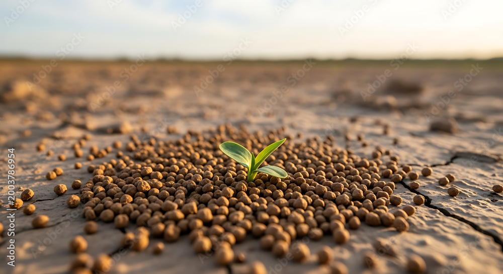 Obraz premium Small green plant growing in dry cracked earth with fertilizer pellets