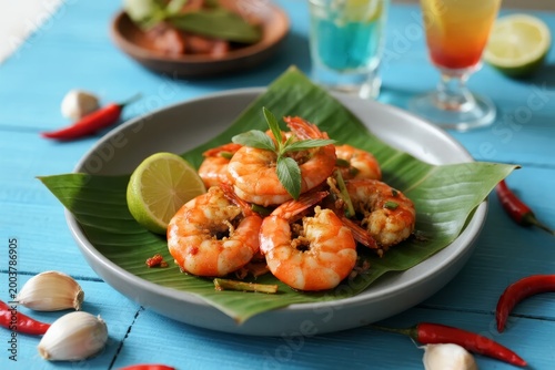 Grilled shrimp served on a banana leaf with lime, chili, and garlic on a blue wooden table