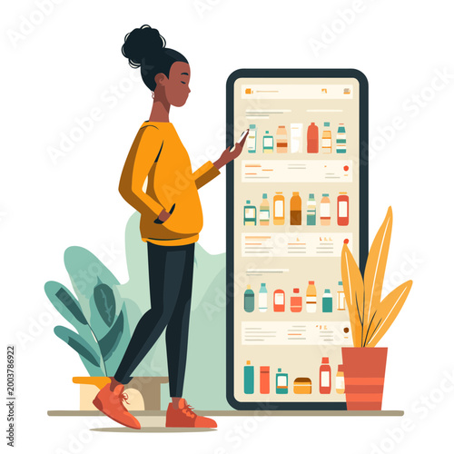 Woman uses a mobile phone to shop for cosmetic products on an e-commerce platform.
