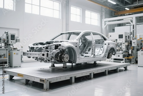 Car chassis assembly in a modern manufacturing facility