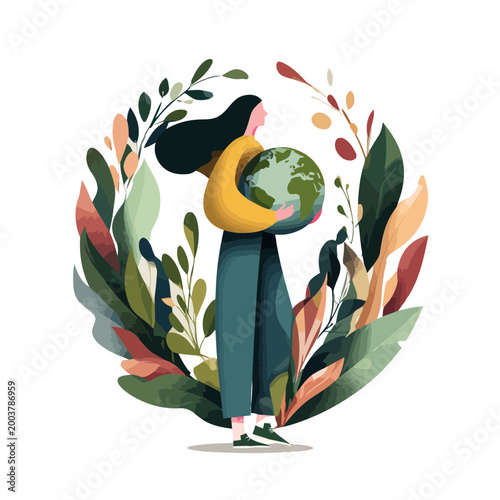 Person holds a globe surrounded by lush botanical leaves.