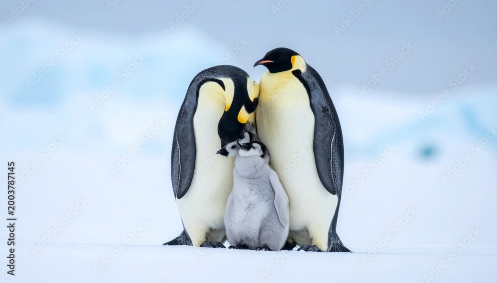 Obraz premium A majestic king penguin bird stands on the cold white snow and ice of the Antarctic wilderness alongside a couple of other penguins resting on a rock