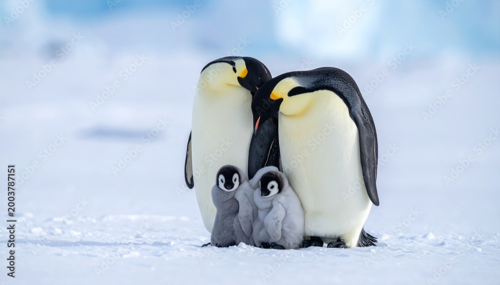 Obraz premium A majestic king penguin bird stands on the cold white snow and ice of the Antarctic wilderness alongside a couple of other penguins resting on a rock
