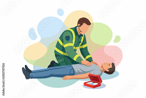 Paramedic providing emergency first aid and CPR to unconscious person