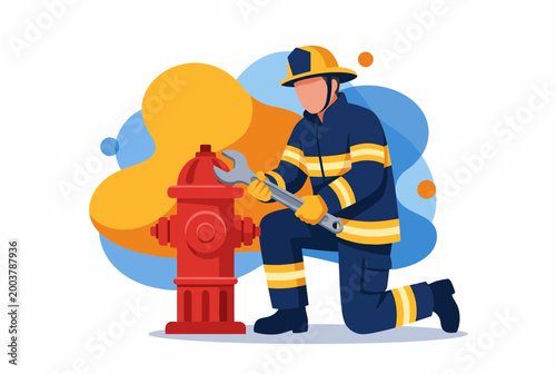 Firefighter Repairing Red Fire Hydrant With Large Wrench