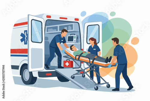 Paramedics Loading Patient into Ambulance Vector Illustration